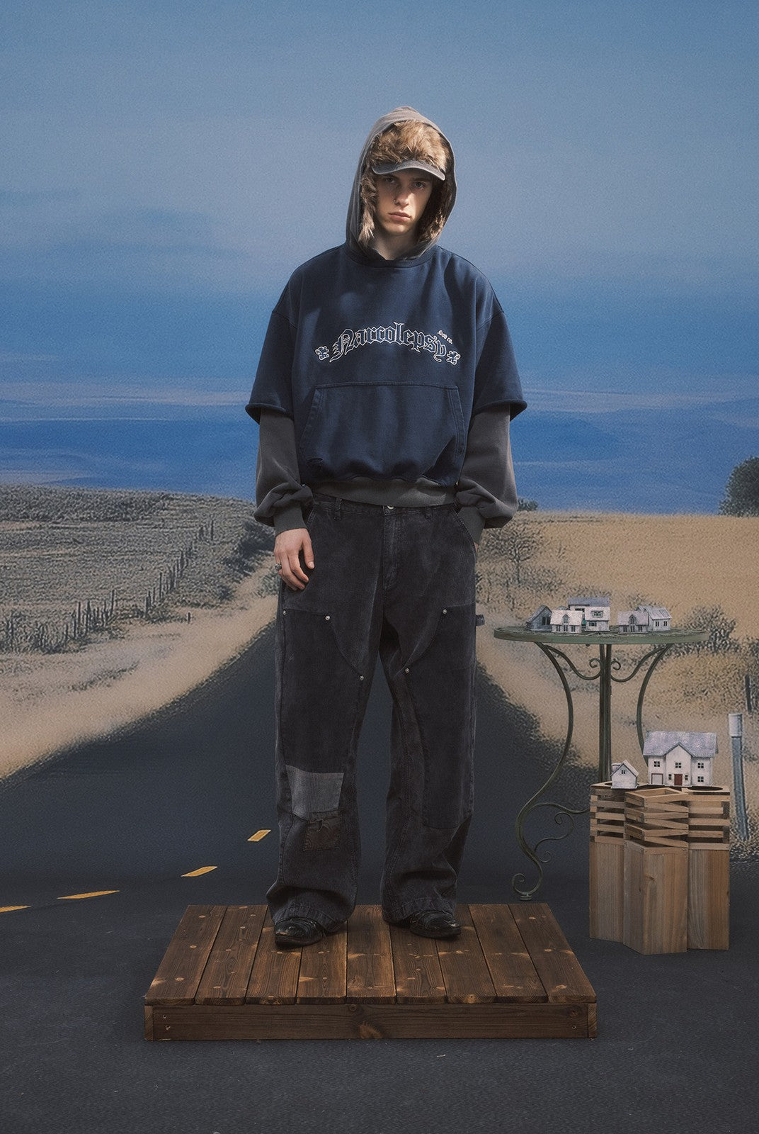SOD Distressed Layered Effect Hoodie in Blue - On Male Model
