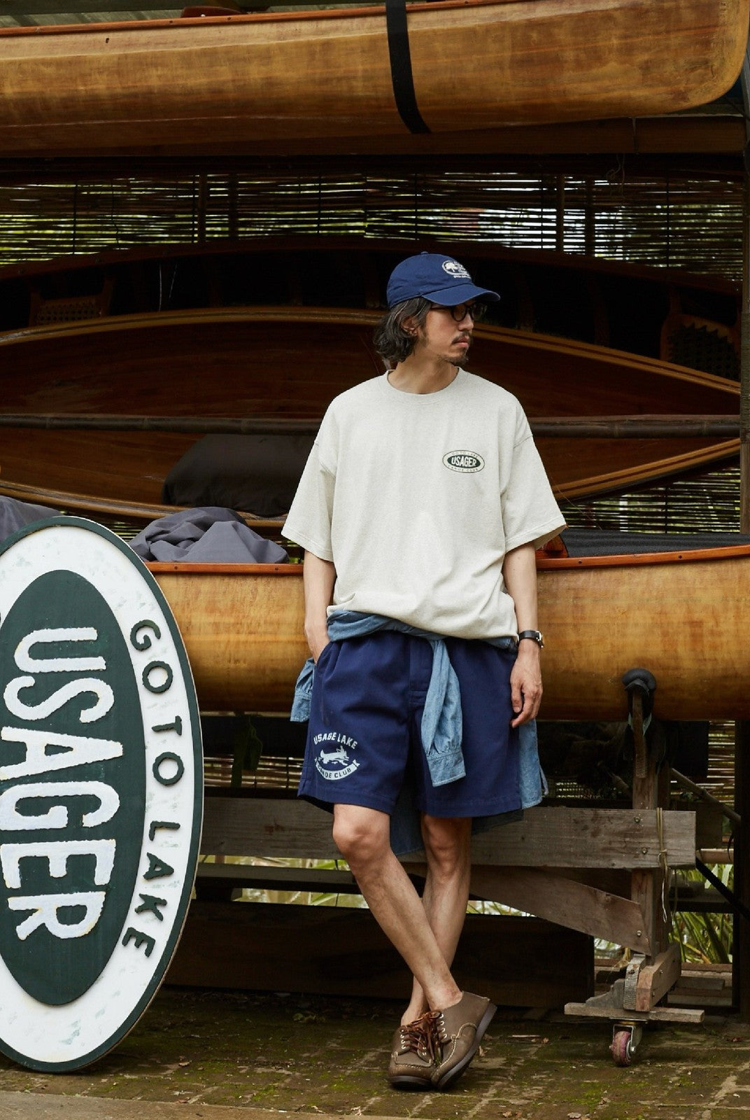USAGE Canoe Club Graphic Cotton T Shirt in Beige - On Male Model