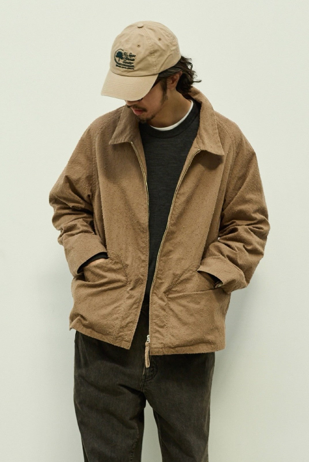 USAGE Textured Nep Blouson Jacket in Beige - On Male Model