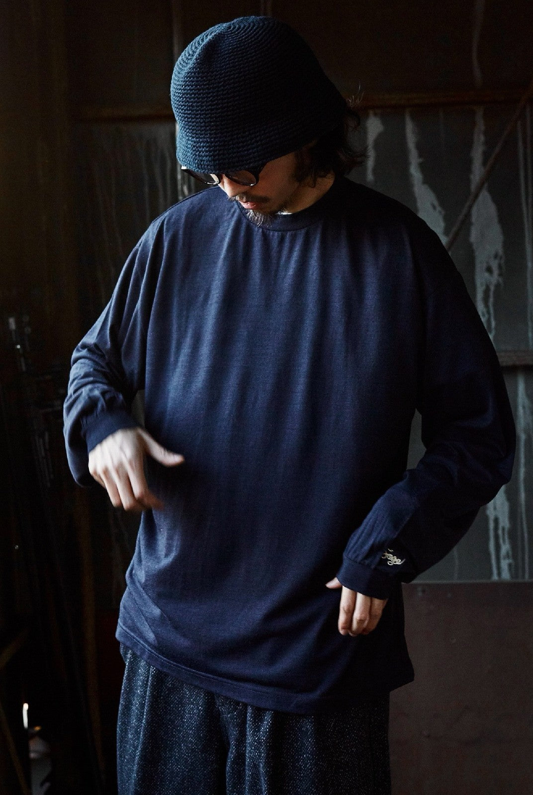USAGE Merino Wool Blend T Shirt Set in Navy Blue - On Male Model