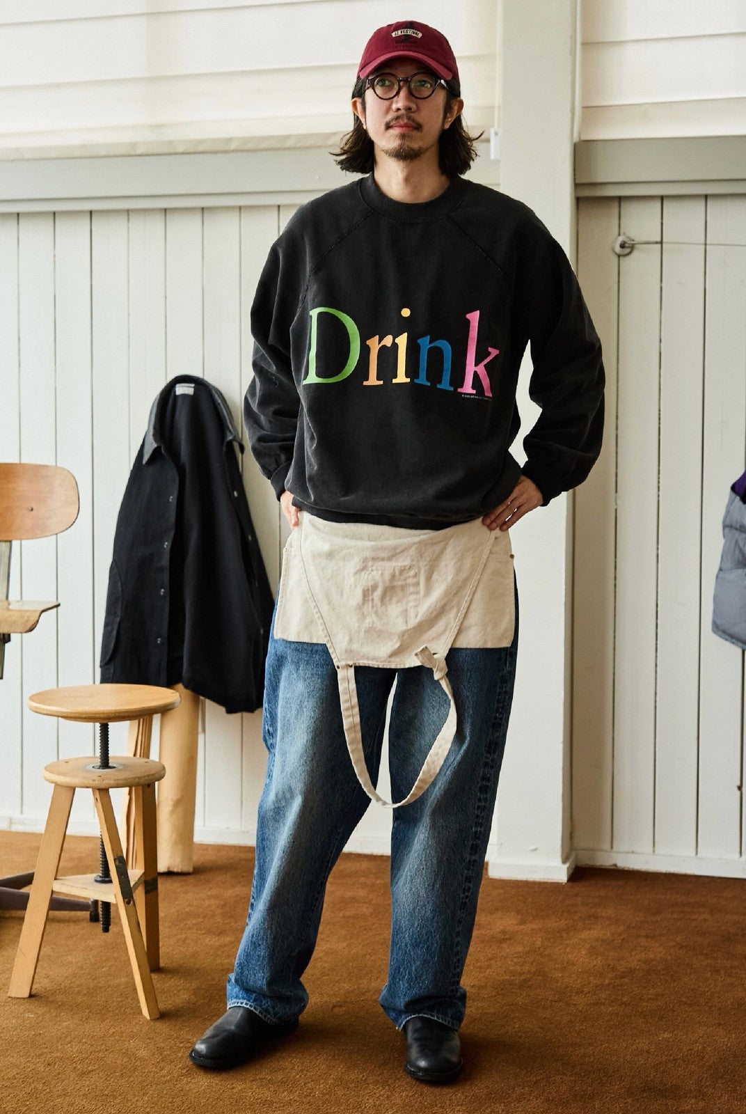 USAGE Washed Cotton Graphic Sweatshirt in Black - On Male Model