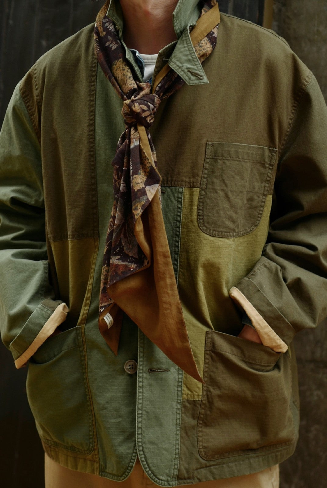 USAGE Cotton Ripstop Patchwork Blazer in Green - On Male Model