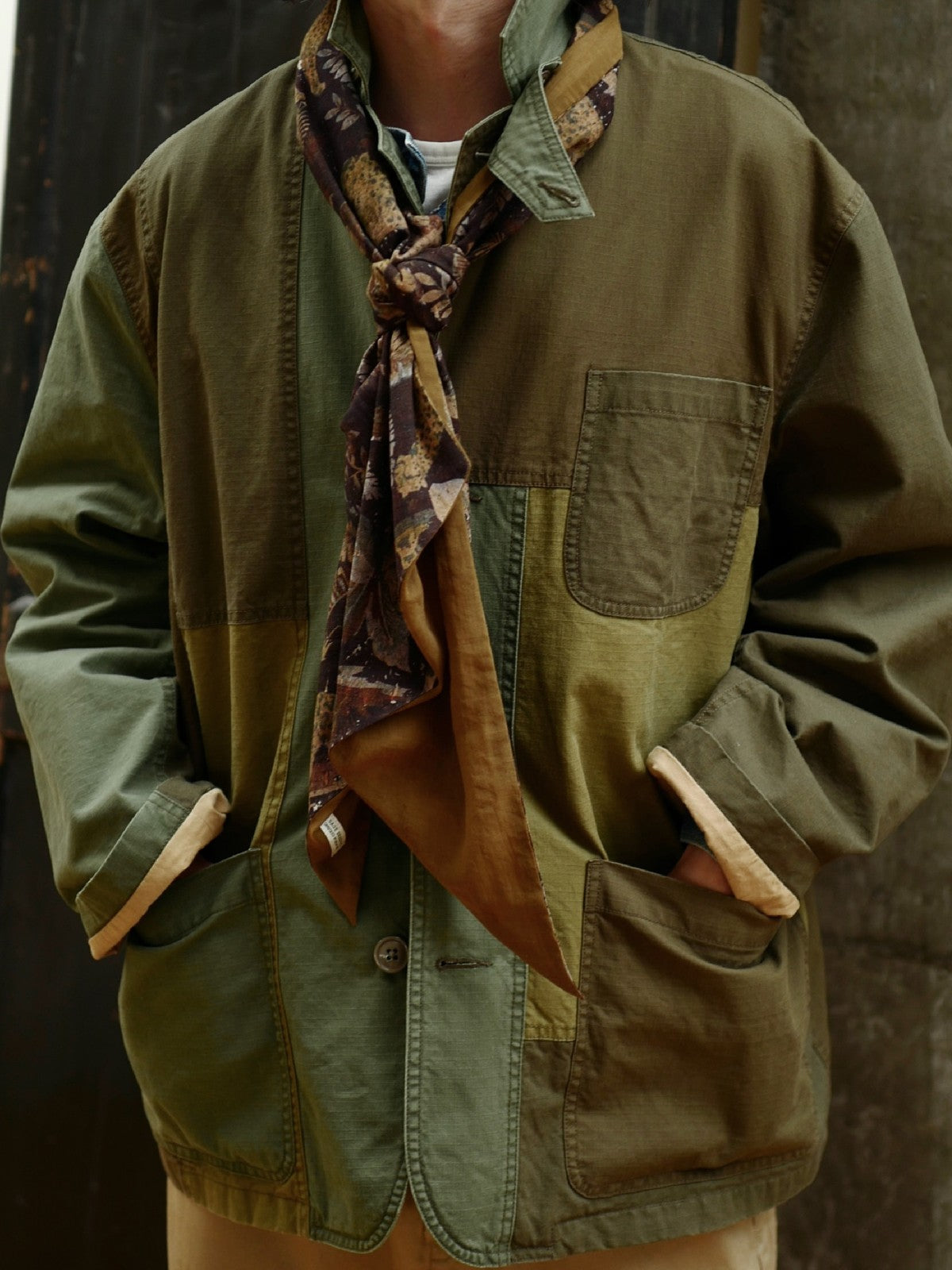 USAGE Cotton Ripstop Patchwork Blazer in Green - On Male Model