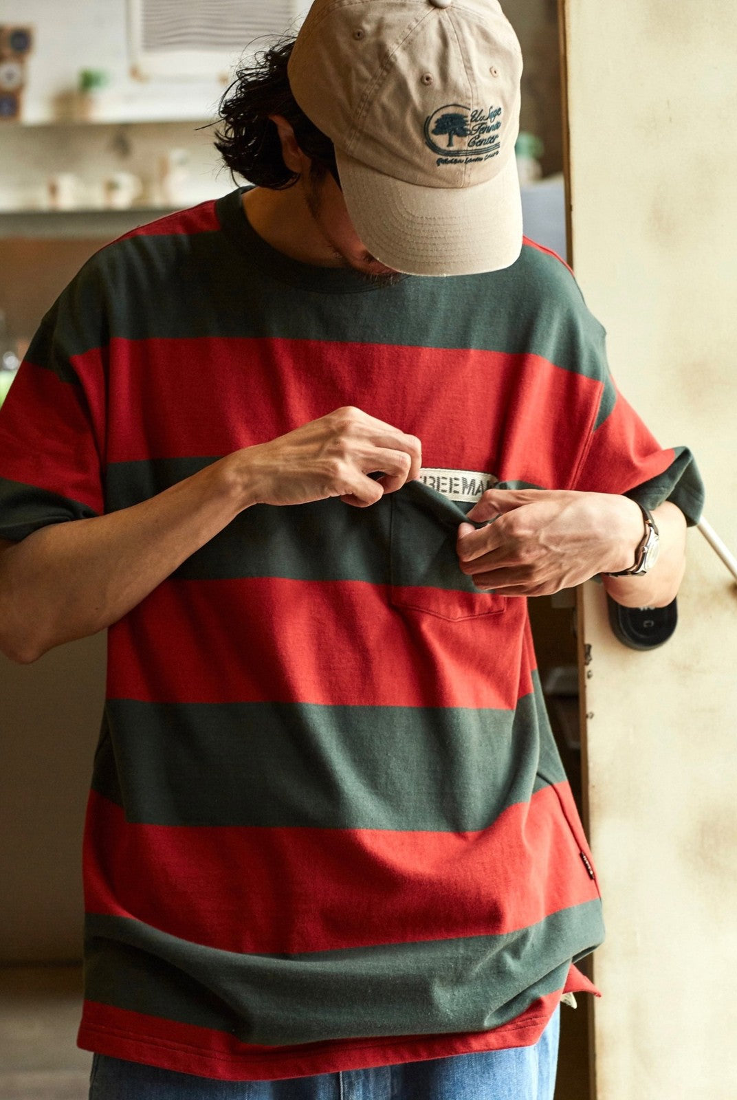 USAGE Wide Striped Cotton Pocket T Shirt in Green - On Male Model