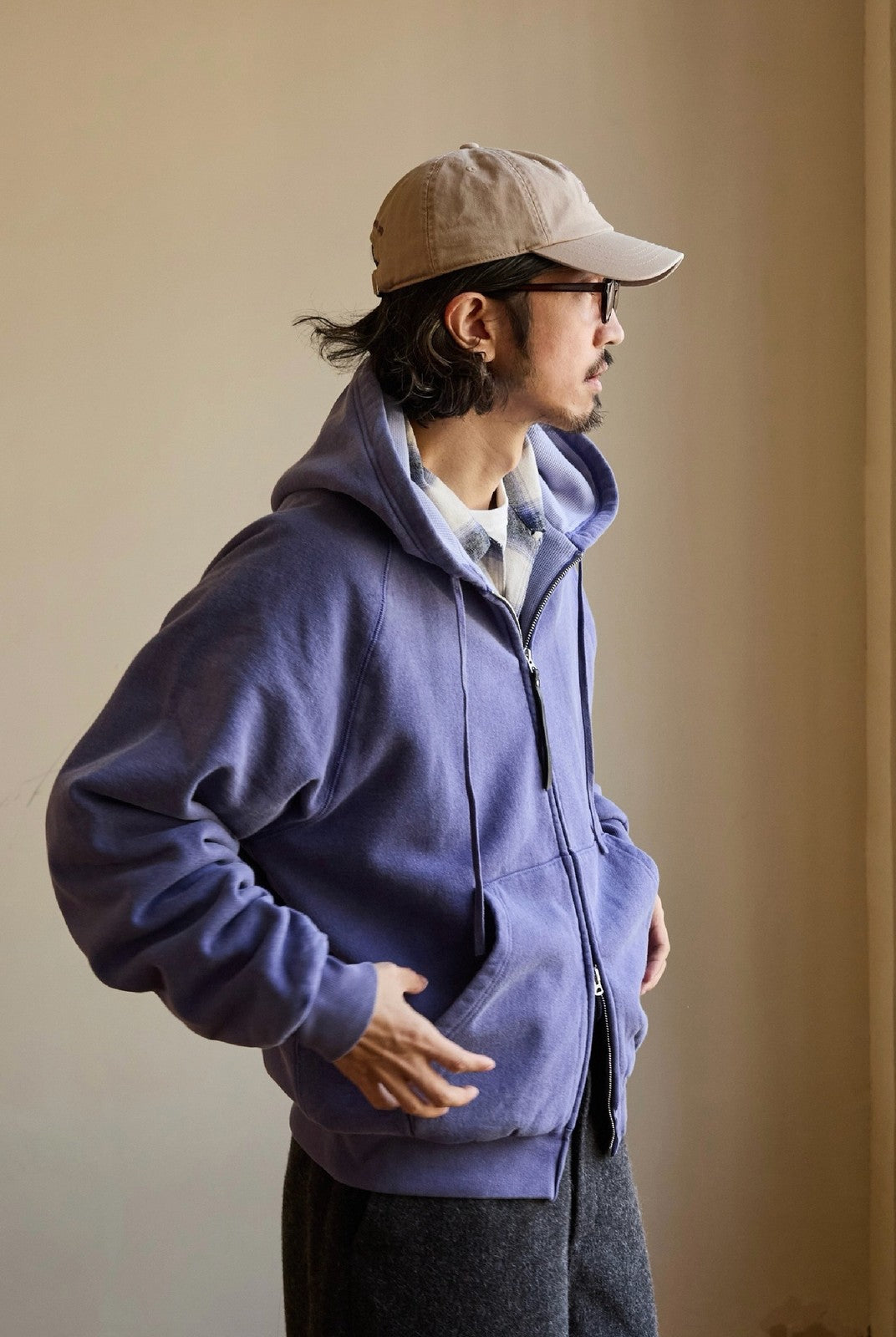 USAGE Vintage Washed Double Layer Zip Hoodie in Purple - On Male Model
