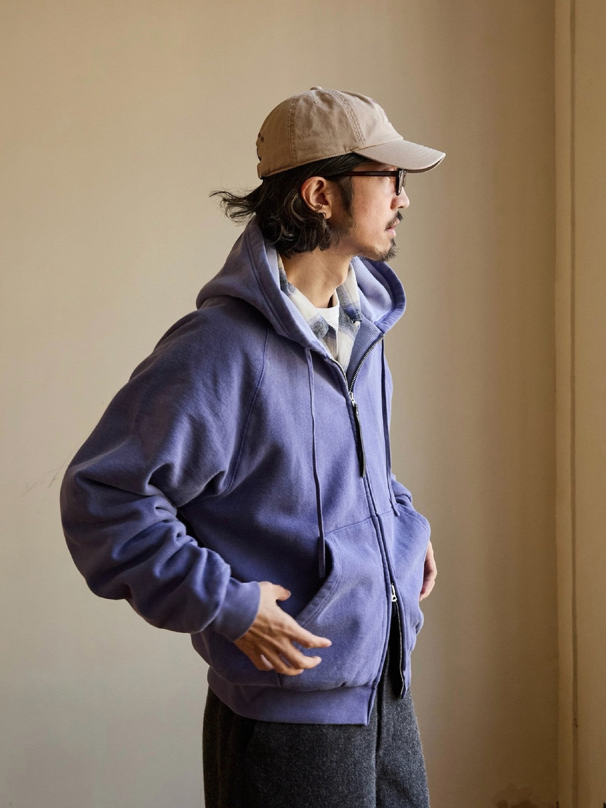 USAGE Vintage Washed Double Layer Zip Hoodie in Purple - On Male Model