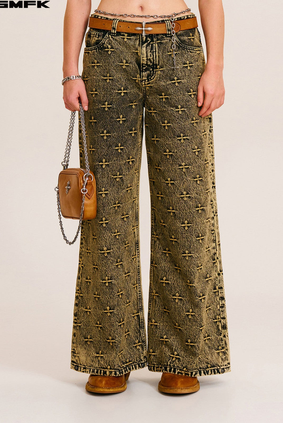 SMFK All Over Print Wide Leg Jeans in Brown - On Female Model