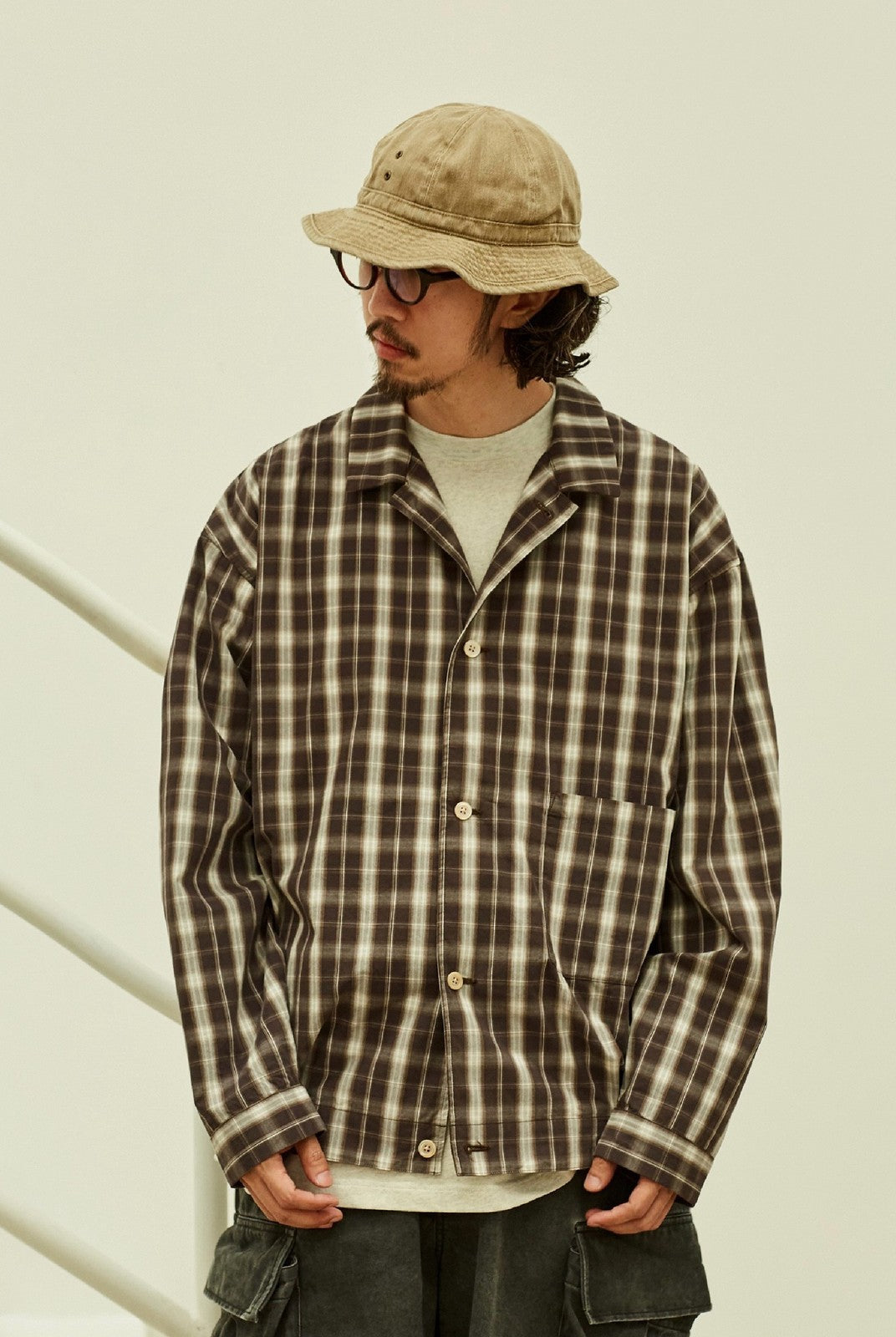 USAGE Gradient Plaid Cotton Blouson in Brown - On Male Model