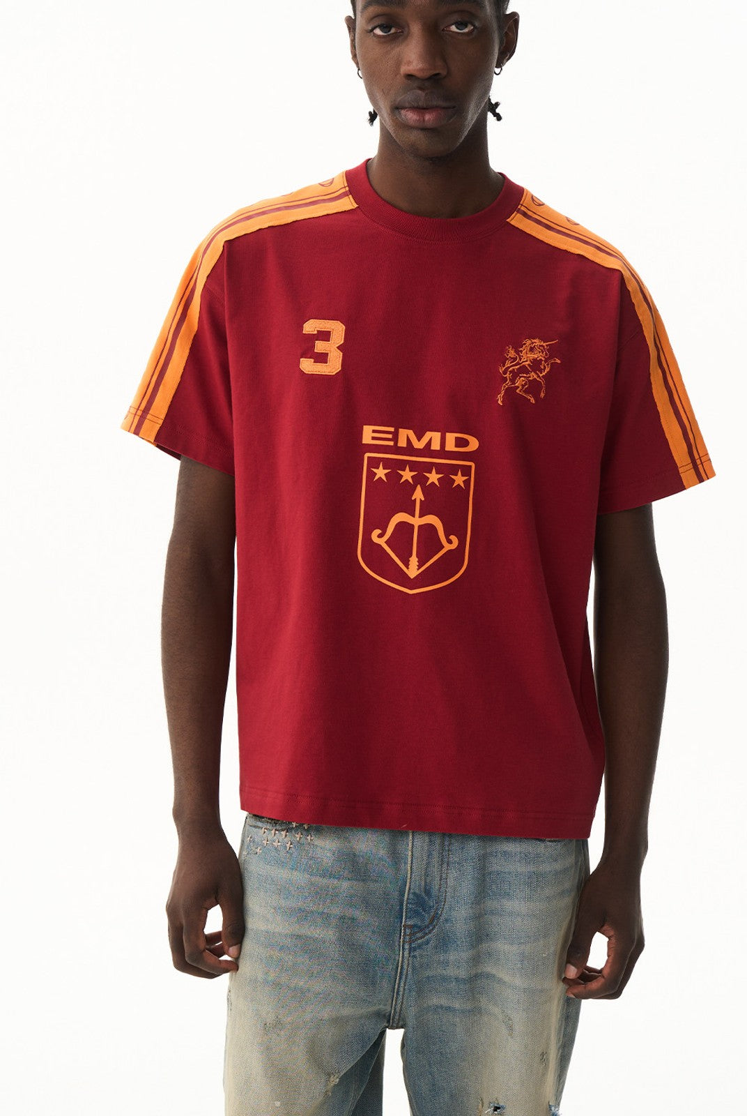 BLINDNOPLAN Retro Color Block Graphic T Shirt in Red - On Male Model