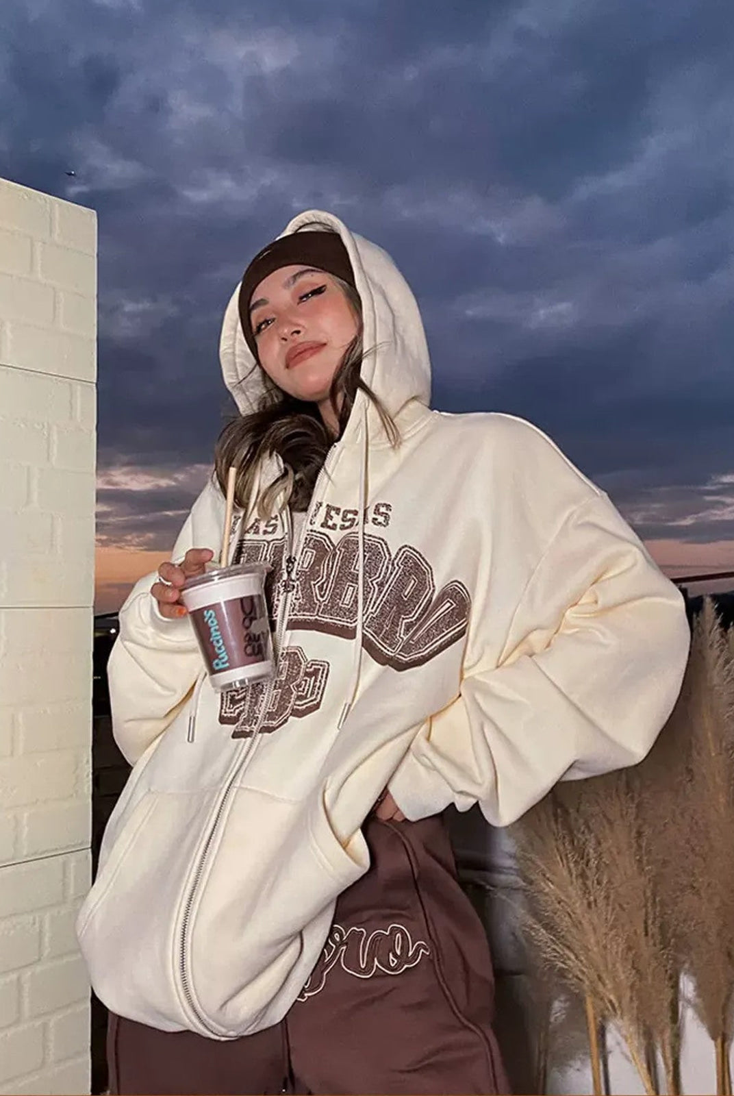 BeerBro Fleece Lined Split Hem Sweatpants in Brown - On Female Model