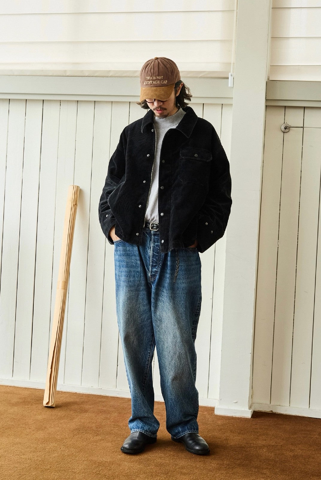 USAGE Wide Wale Corduroy Deck Jacket in Black - On Male Model