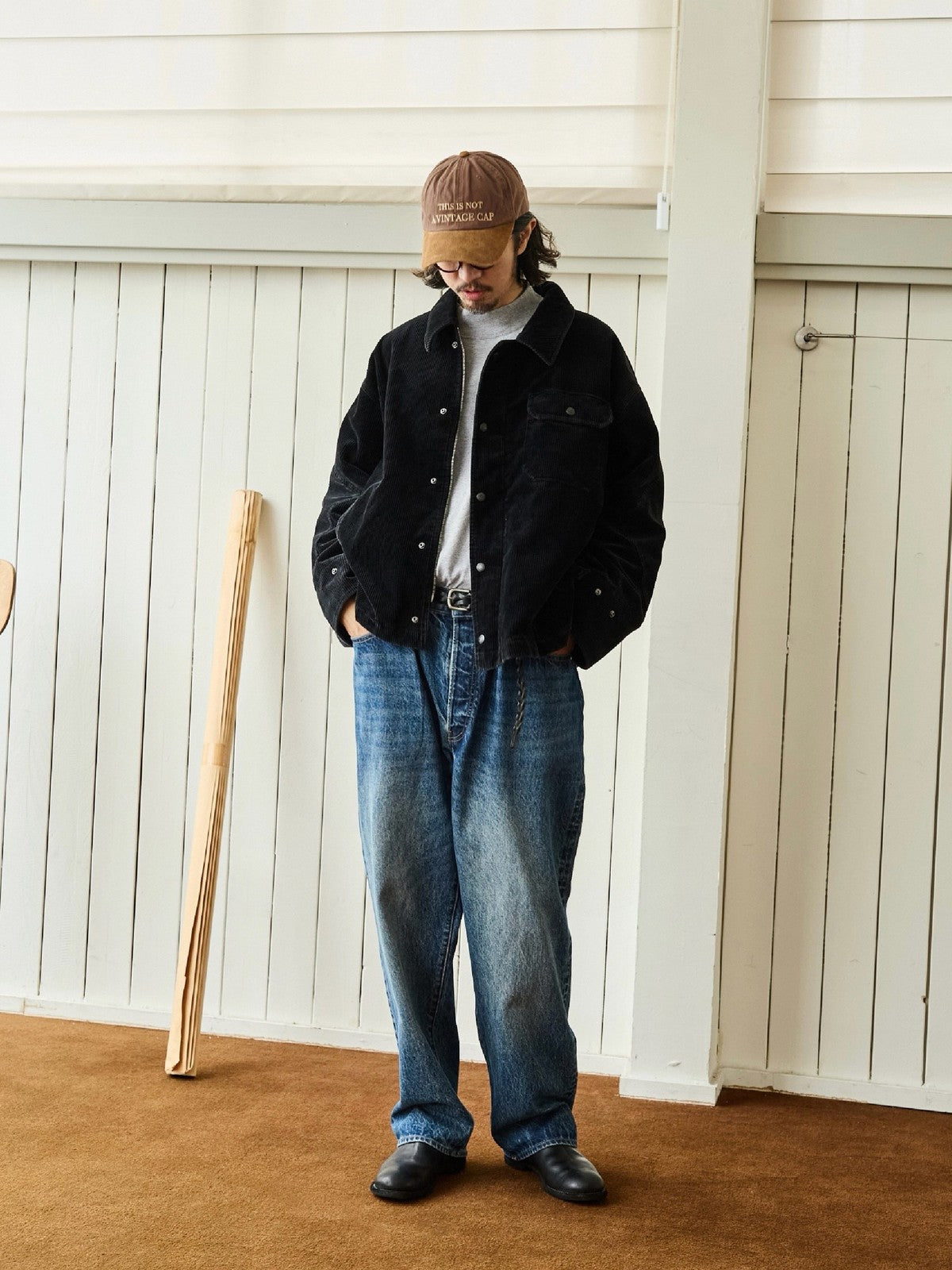 USAGE Wide Wale Corduroy Deck Jacket in Black - On Male Model