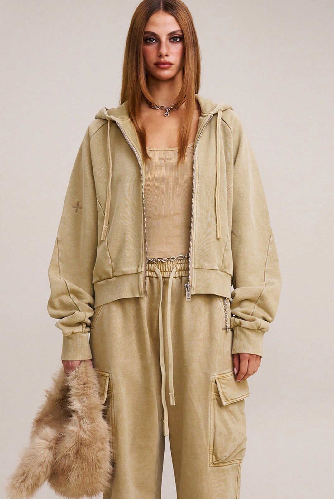 SMFK Garment Dyed Cotton Zip Up Hoodie in Beige - On Female Model