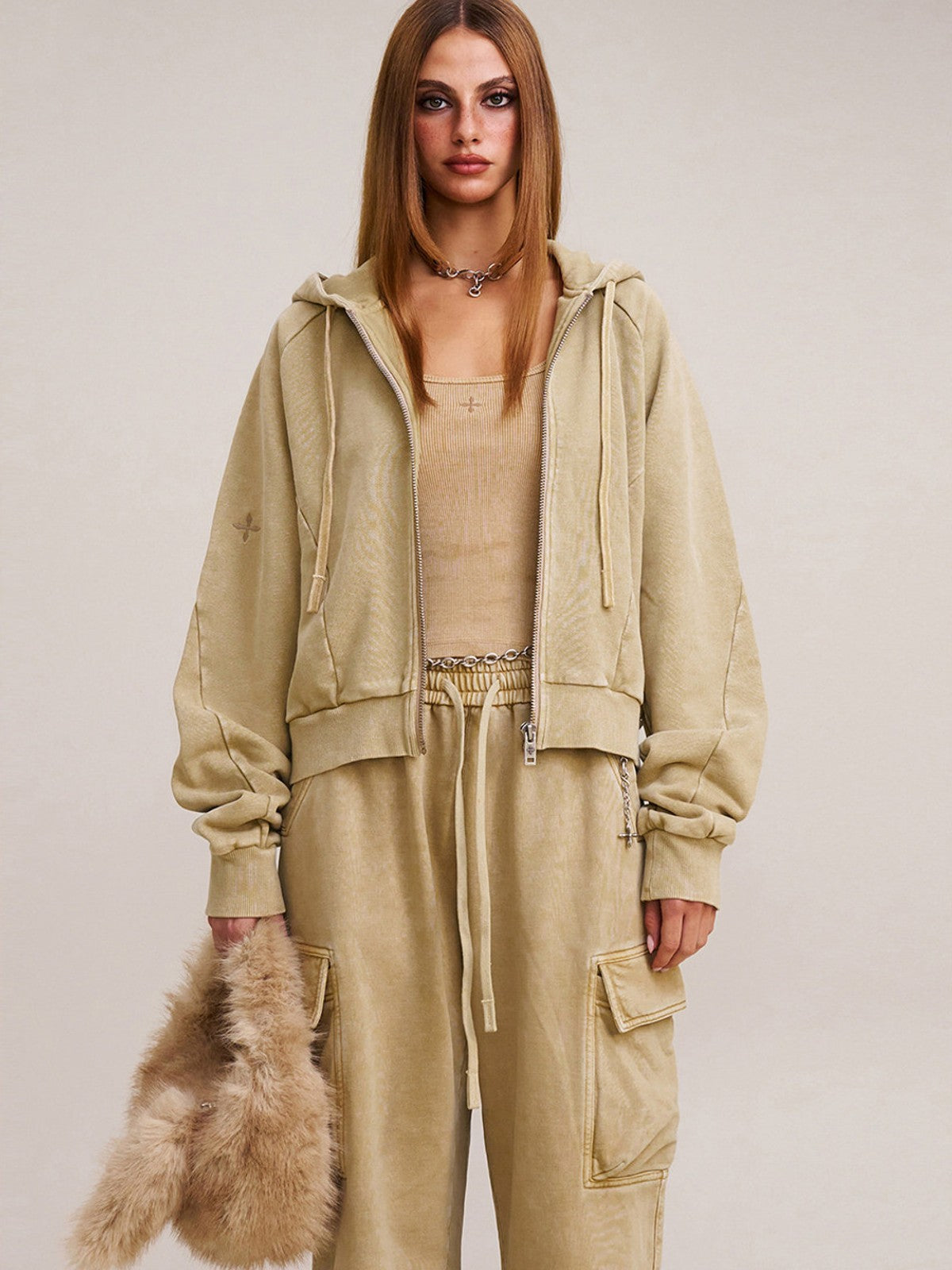 SMFK Garment Dyed Cotton Zip Up Hoodie in Beige - On Female Model