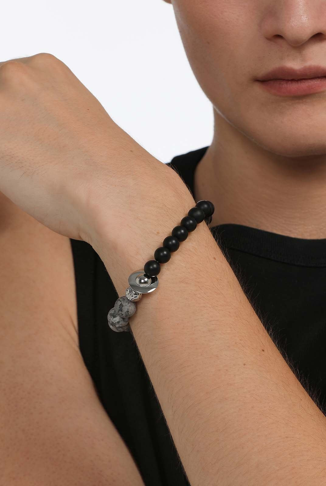 BLACKHEAD Black Agate Steel Beaded Bracelet in Black - On Male Model