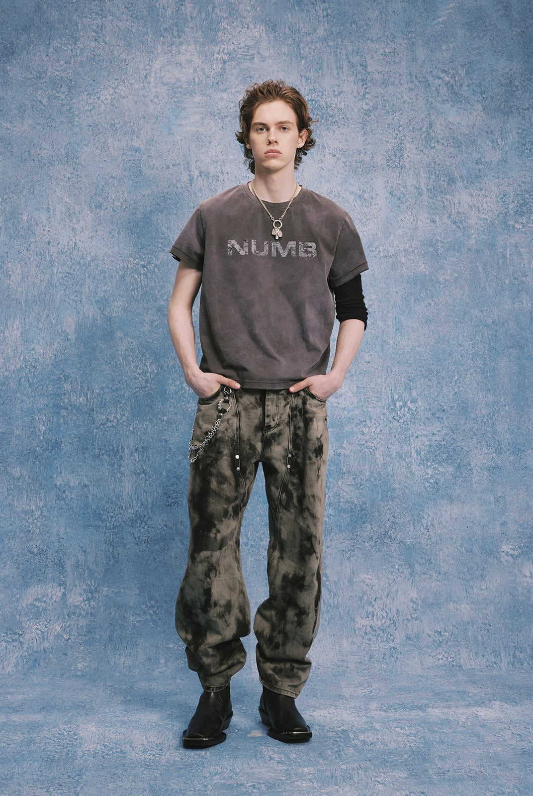 SOD Hand Tie Dye Distressed Straight Jeans in Gray - On Male Model