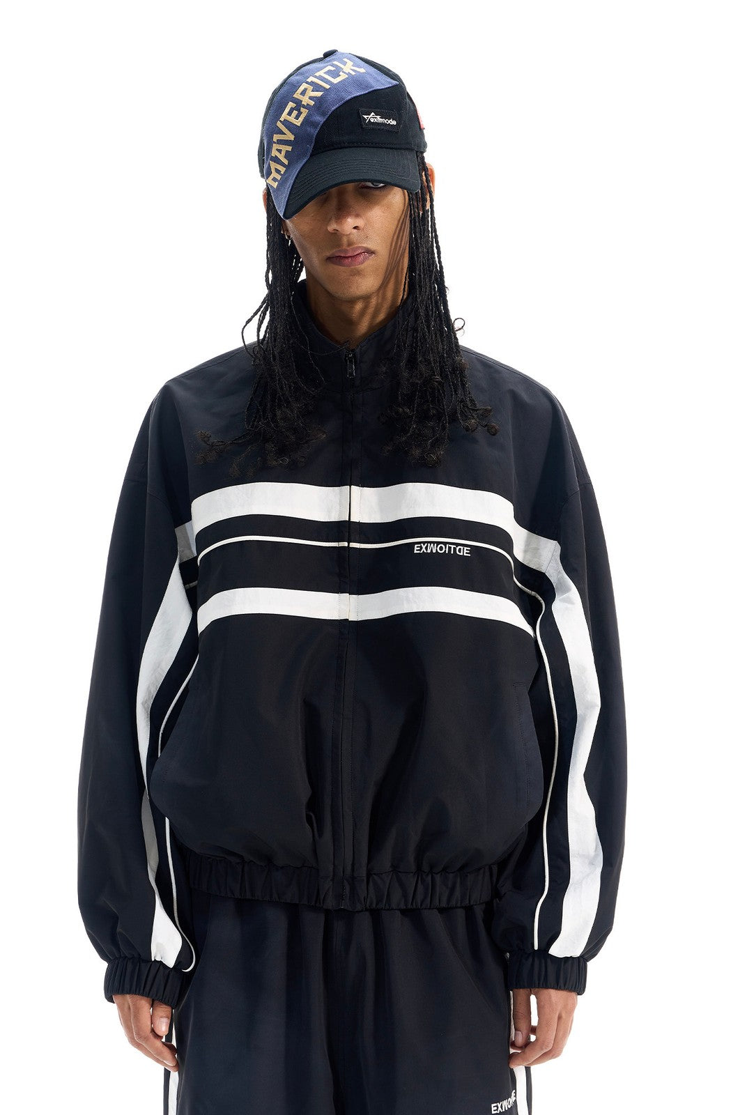BLINDNOPLAN Color Blocked Zip Up Track Jacket in Black - On Male Model