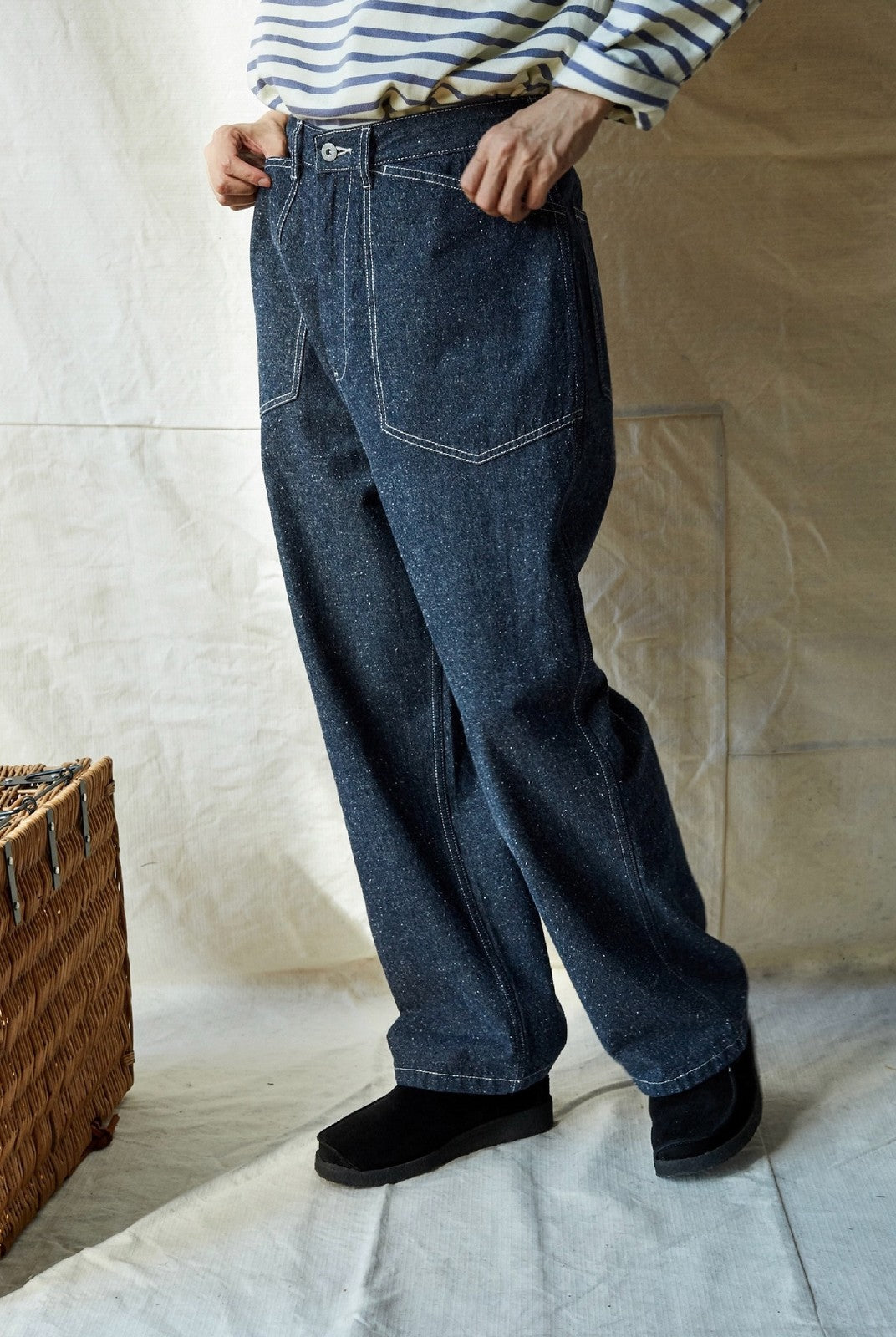 USAGE Vintage Neppy Cotton Straight Leg Jeans in Navy Blue - On Model