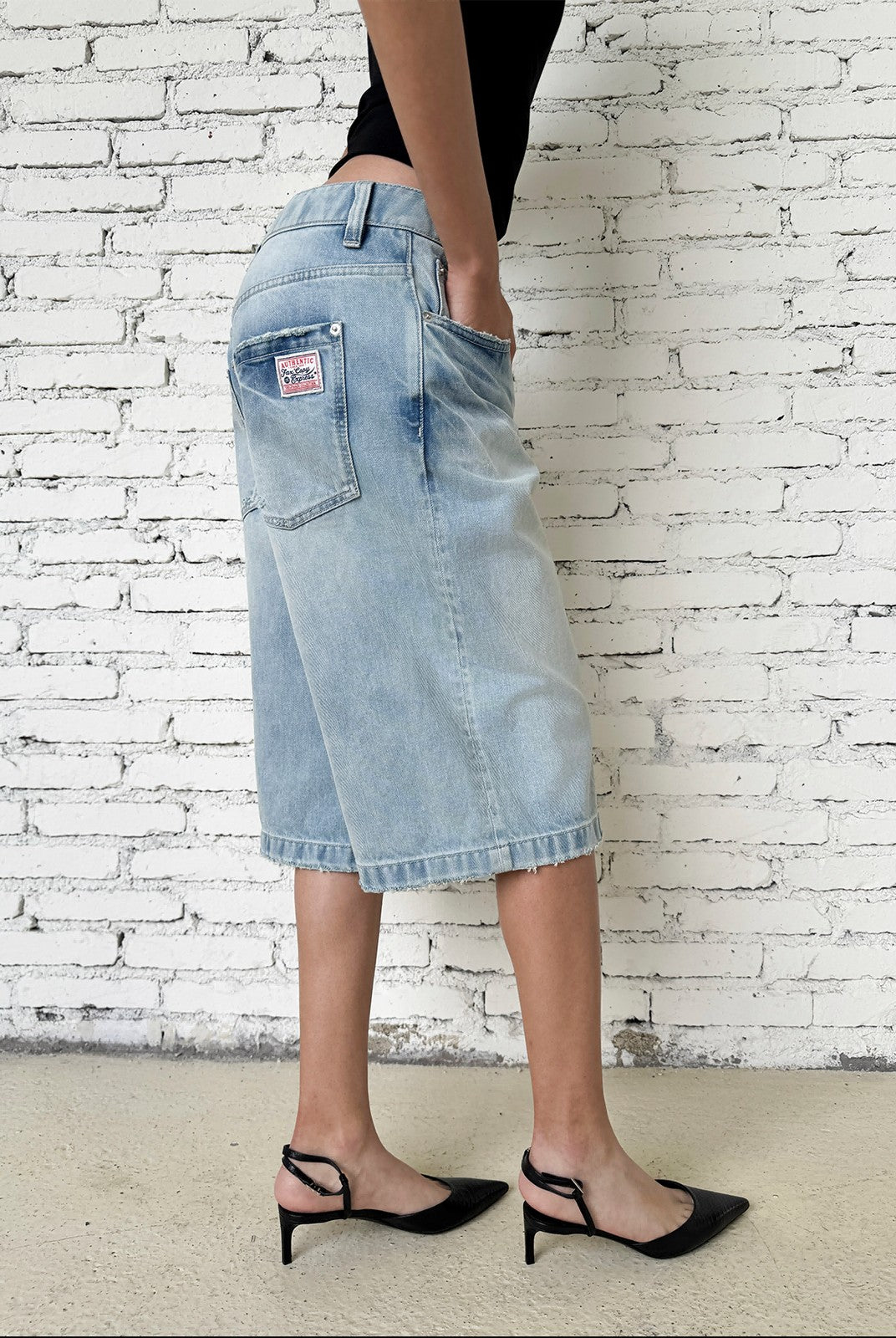 FaxCopyExpress Washed Gardener Denim Shorts in Blue - On Female Model