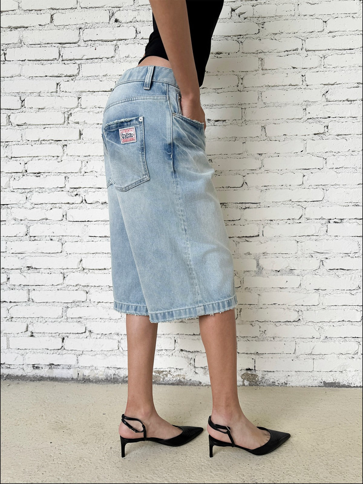 FaxCopyExpress Washed Gardener Denim Shorts in Blue - On Female Model