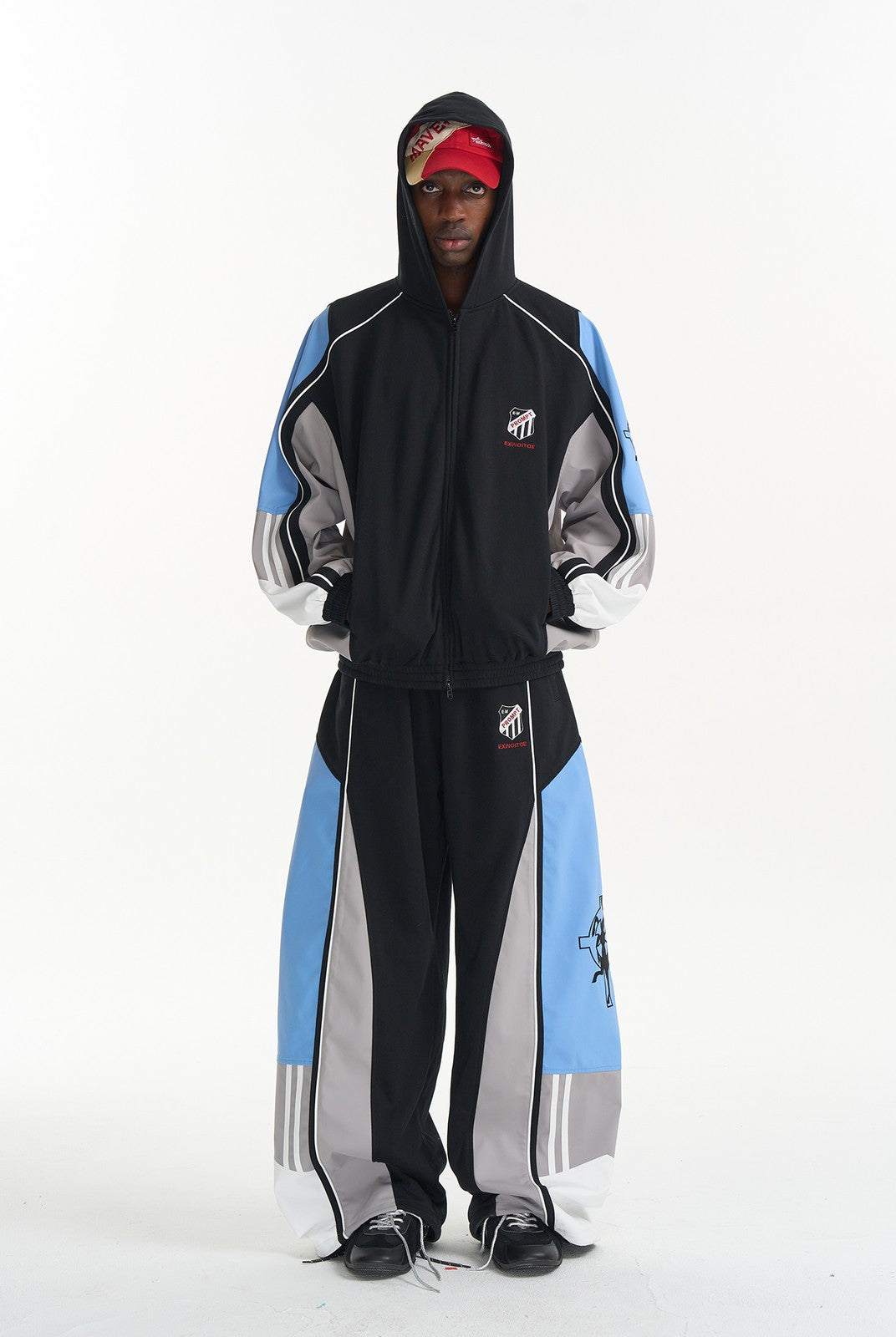BLINDNOPLAN Color Blocked Hooded Track Jacket in Black - On Male Model