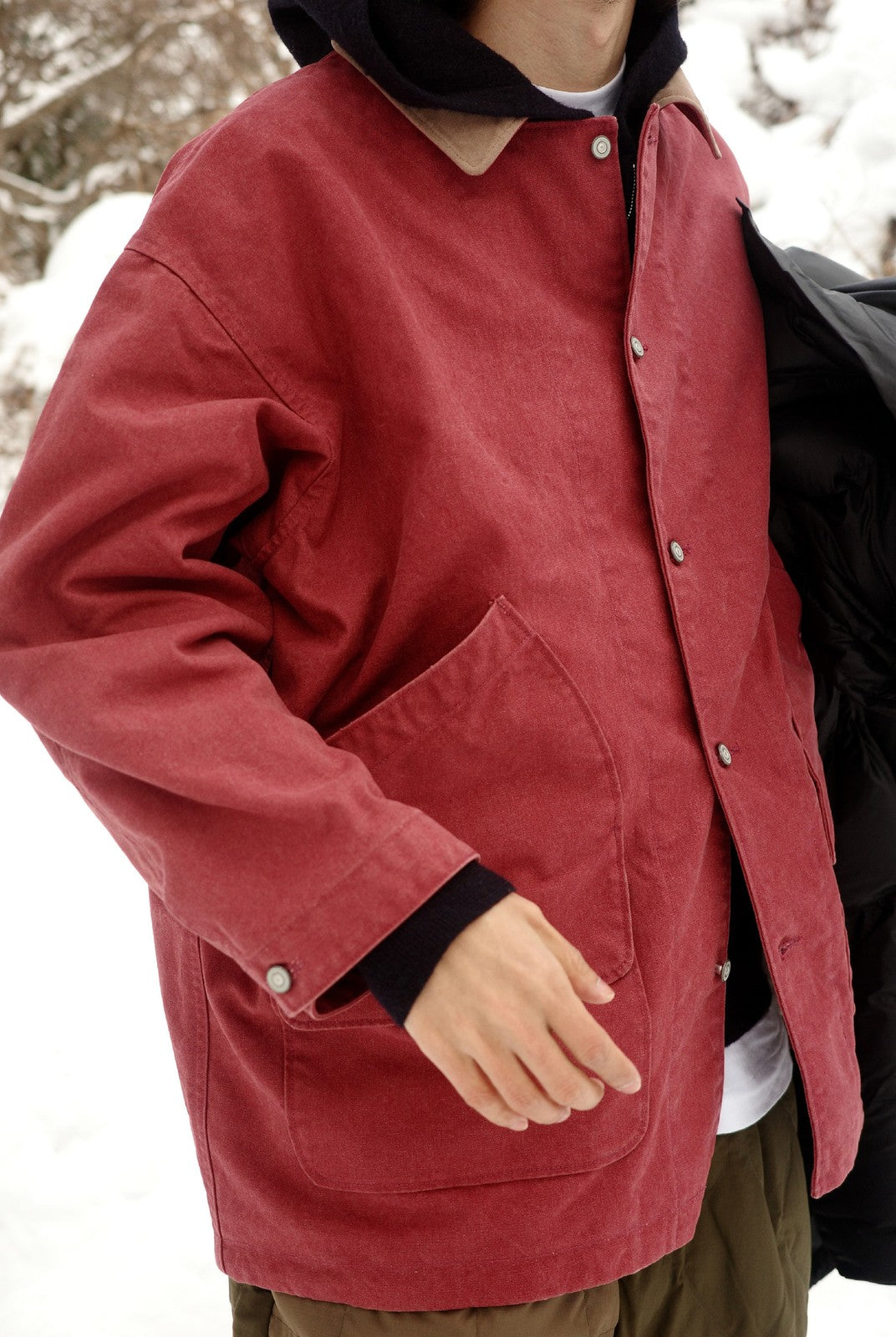 USAGE Heavyweight Canvas Hunting Jacket in Burgundy - On Male Model