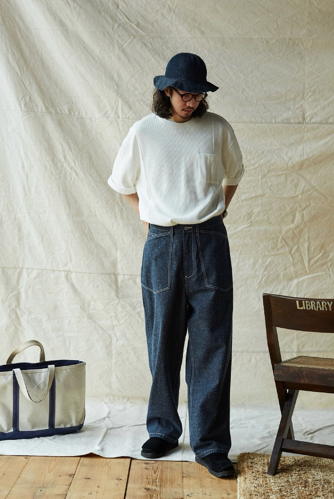 USAGE Vintage Neppy Cotton Straight Leg Jeans in Navy Blue - On Male Model