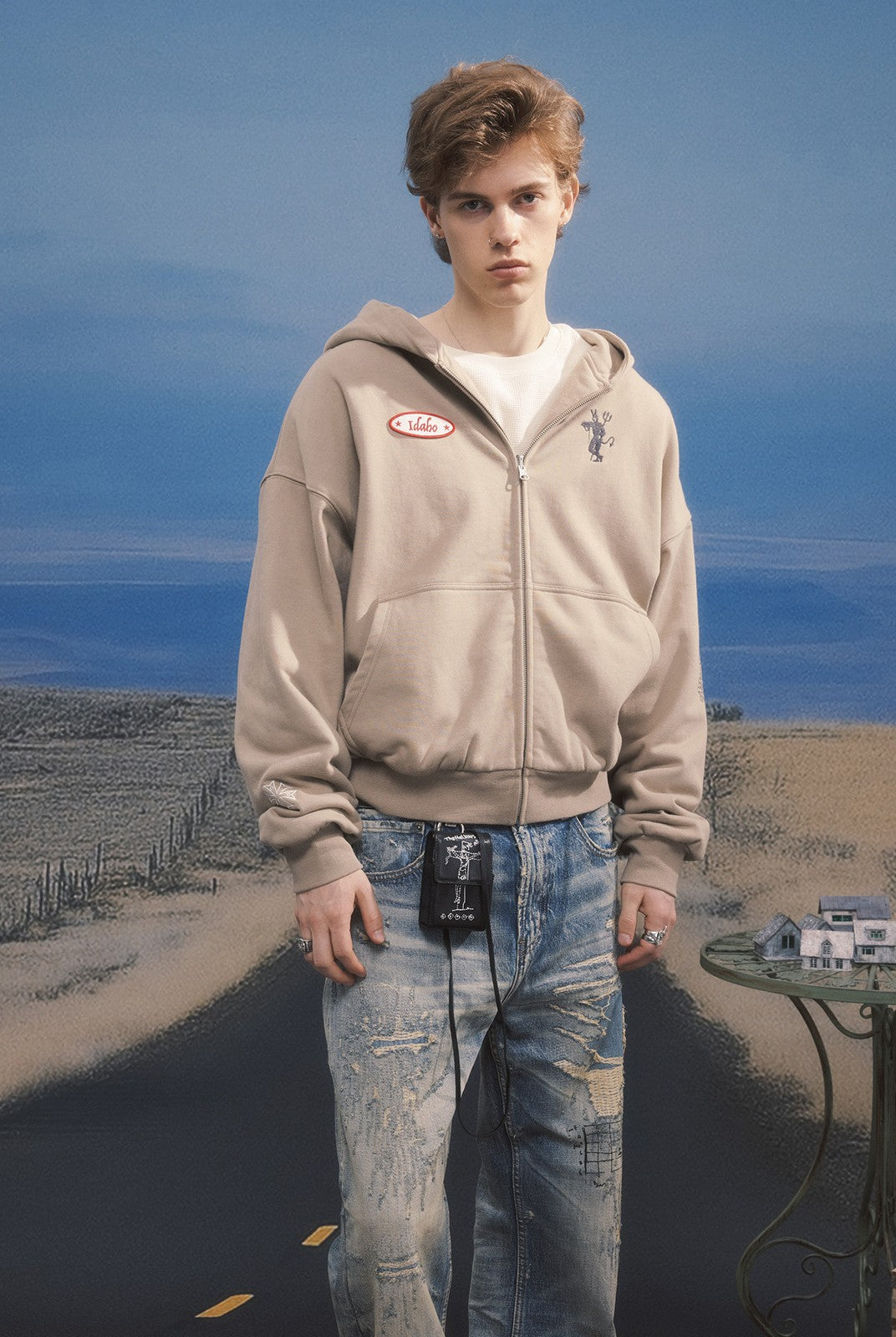SOD Reversible Rhinestone Zip Hoodie in Beige - On Male Model