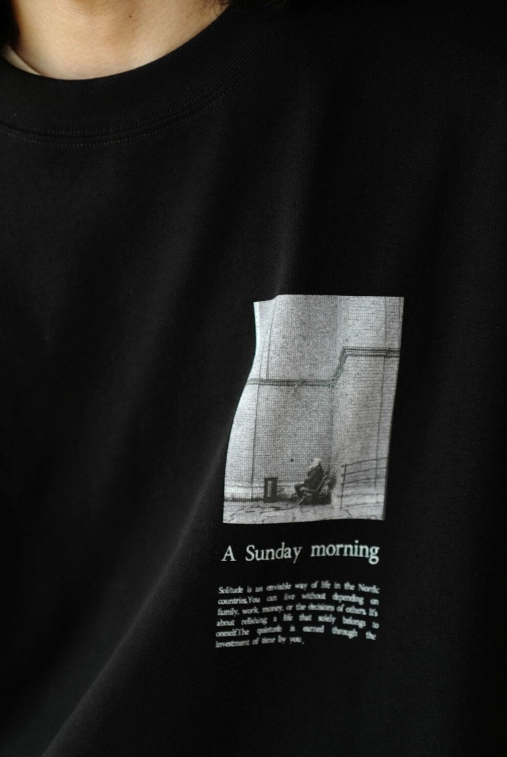 USAGE Air Spun Cotton Graphic T Shirt in Black - On Model