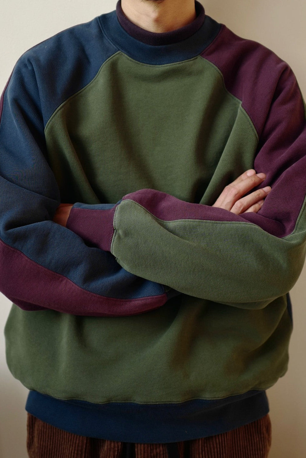 USAGE Colorblock Raglan Cotton Sweatshirt in Green - On Male Model