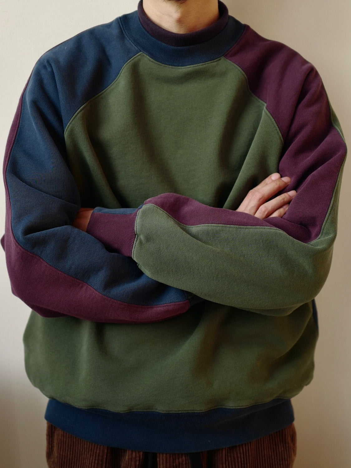 USAGE Colorblock Raglan Cotton Sweatshirt in Green - On Male Model