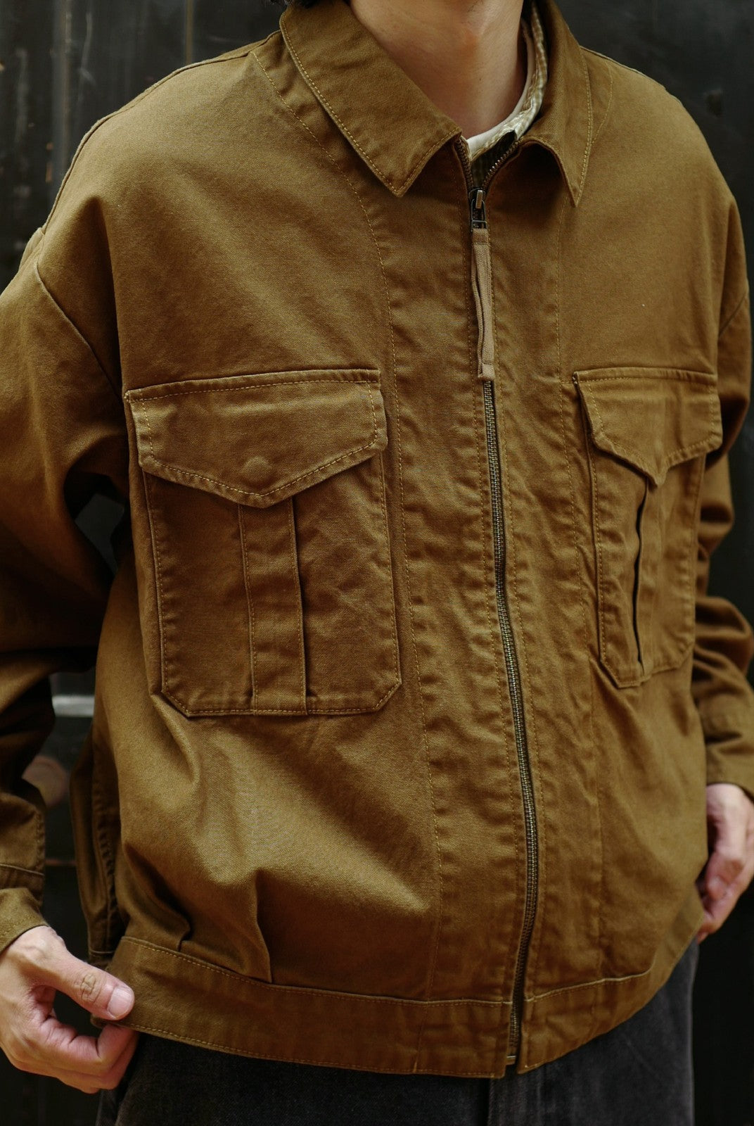 USAGE Heavyweight Canvas Cropped Workwear Jacket in Brown - On Male Model