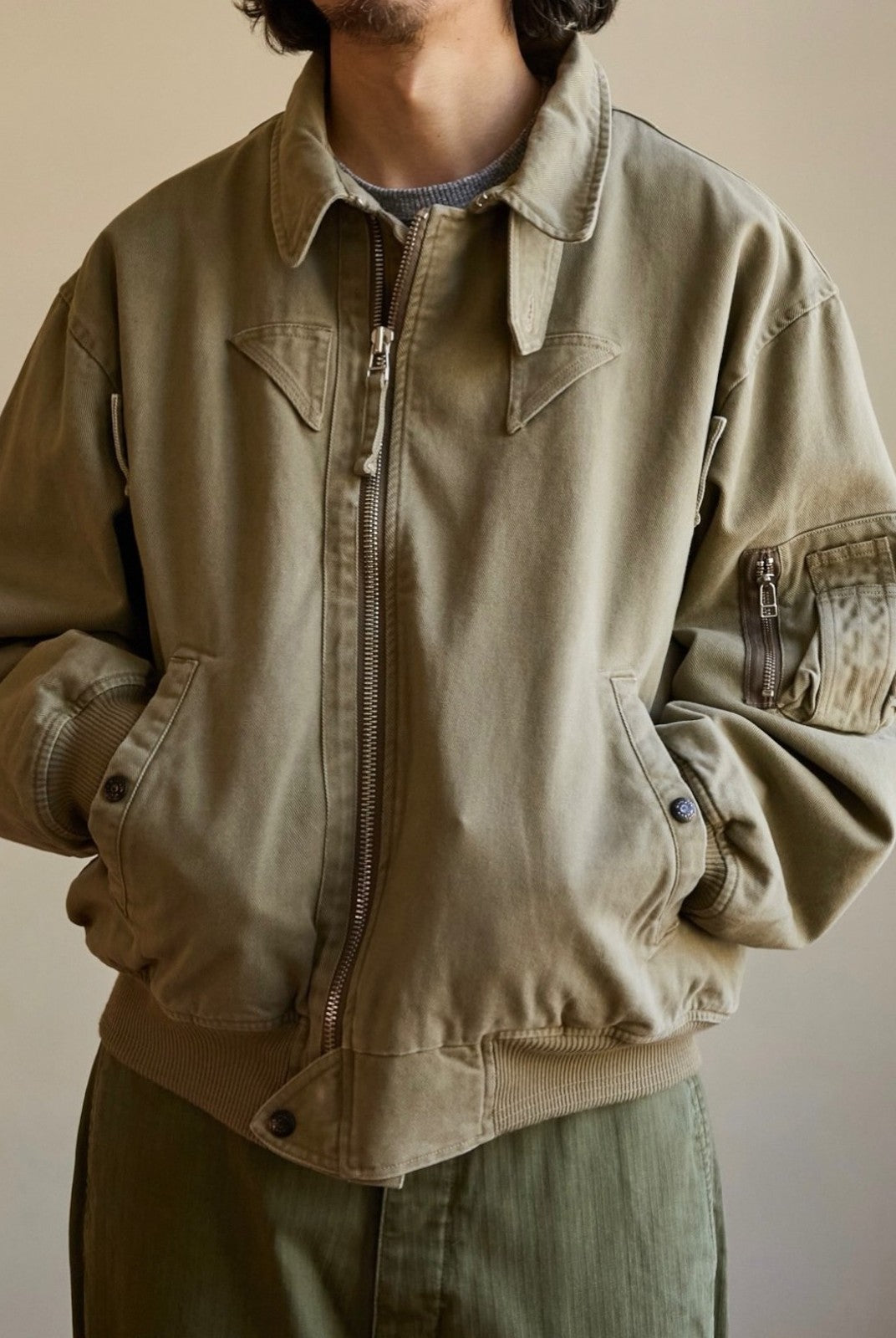 USAGE Washed Cotton Lyocell B 15 Bomber in Khaki - On Male Model