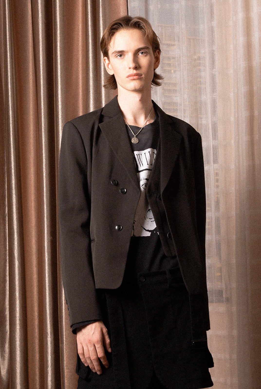 SOD Deconstructed Asymmetric Wool Blazer in Black - On Male Model