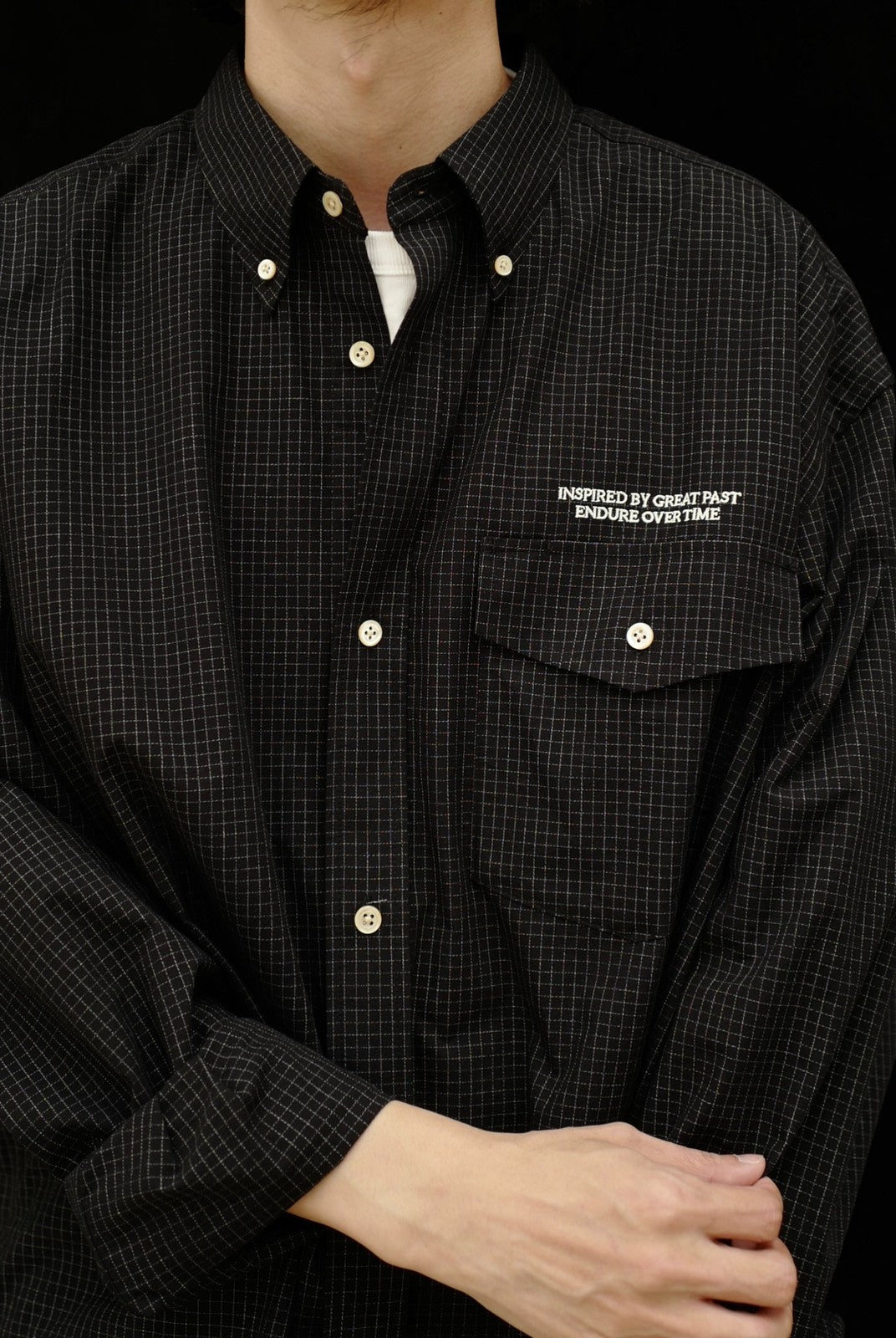 USAGE Oversized Micro Check Button Down Shirt in Black - On Male Model
