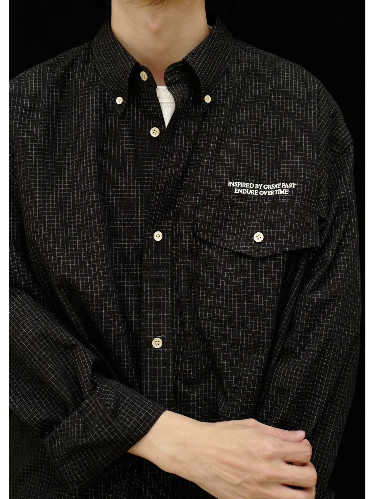 USAGE Oversized Micro Check Button Down Shirt in Black - On Male Model