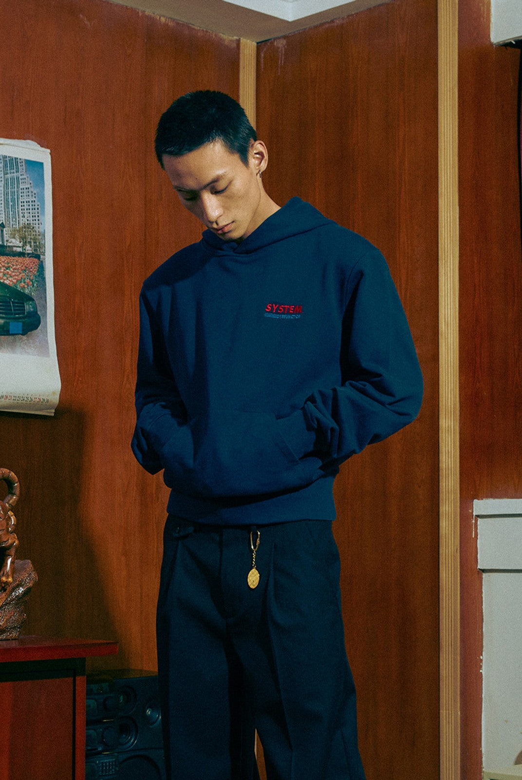 SOD Embroidered Padded Shoulder Hoodie in Blue - On Male Model