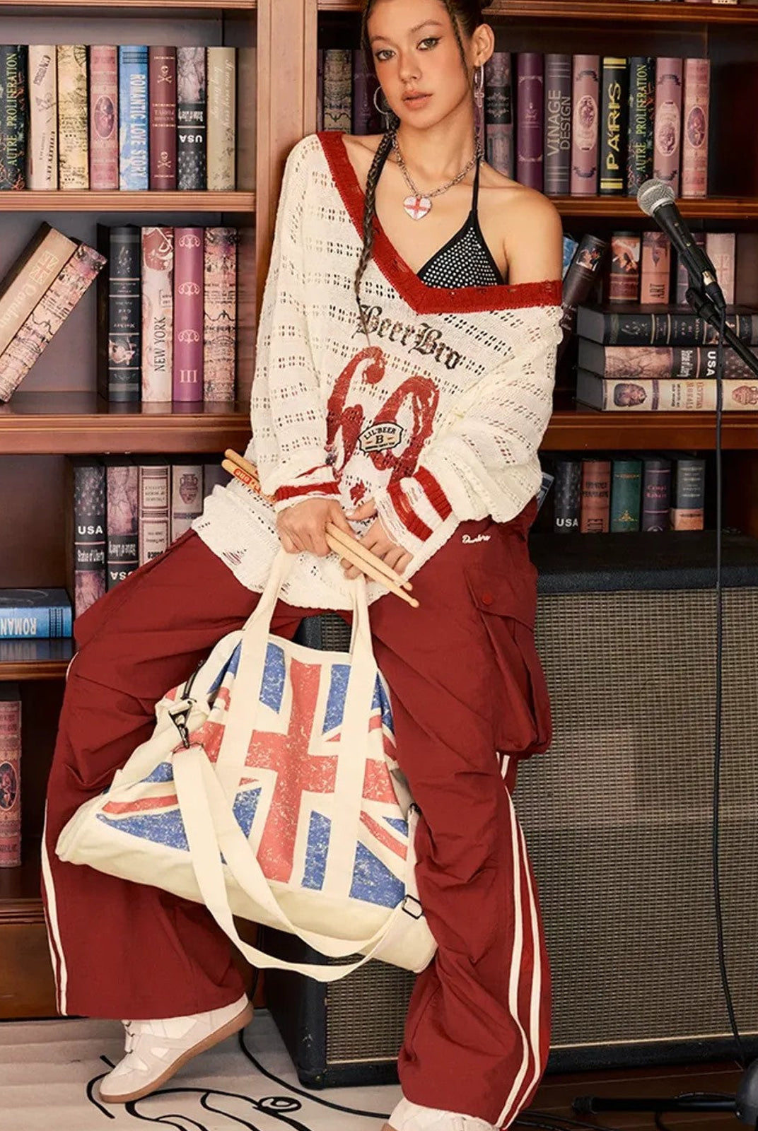 BeerBro Contrast Stripe Cargo Pants in Red - On Female Model