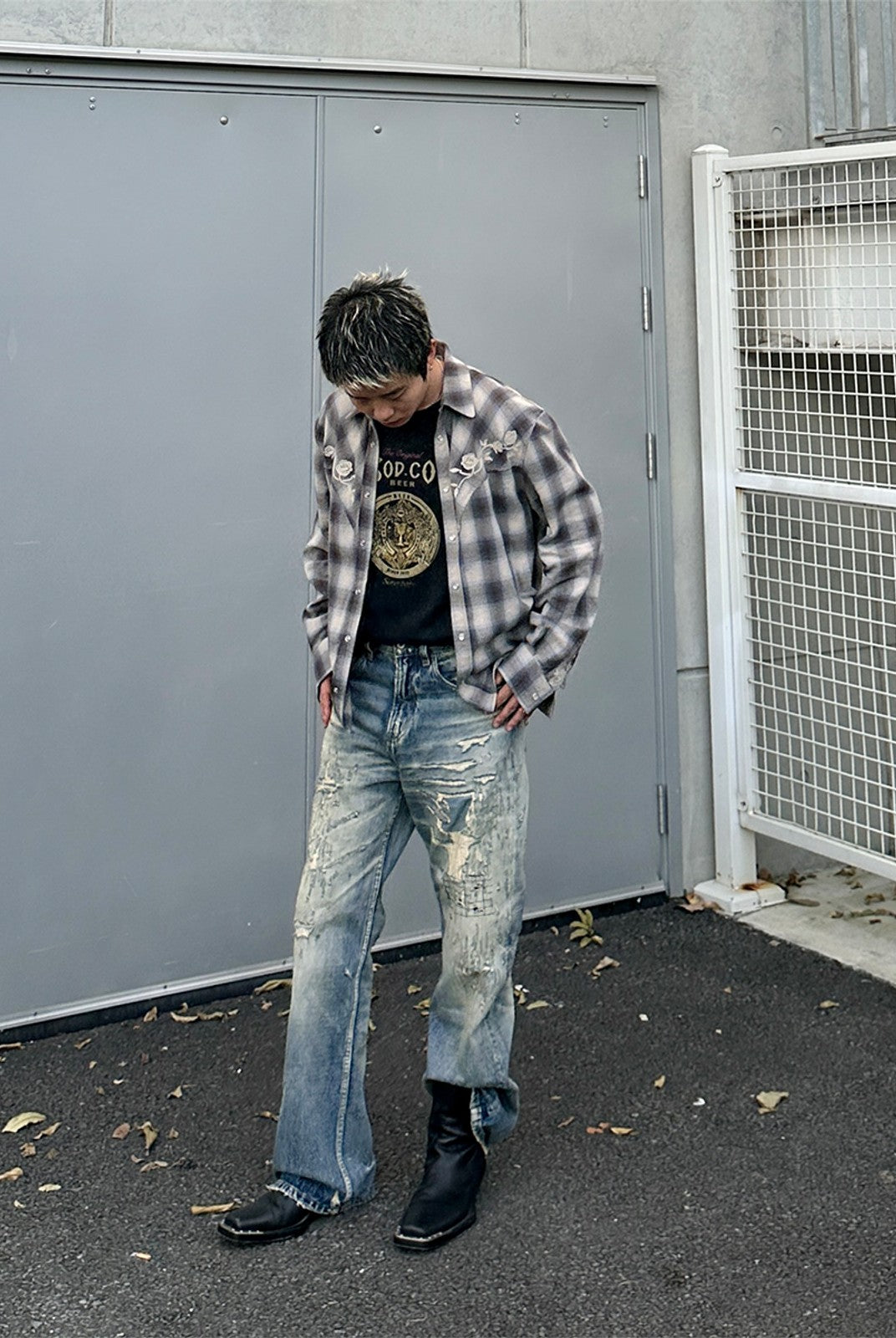 SOD Embroidered Plaid Western Shirt in Gray - On Male Model