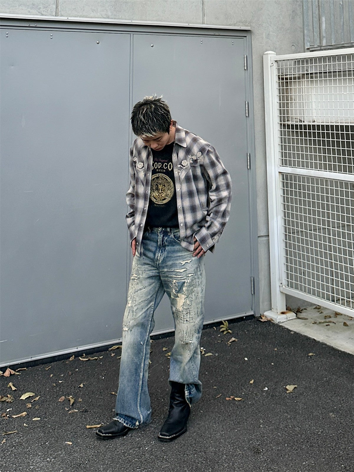 SOD Embroidered Plaid Western Shirt in Gray - On Male Model