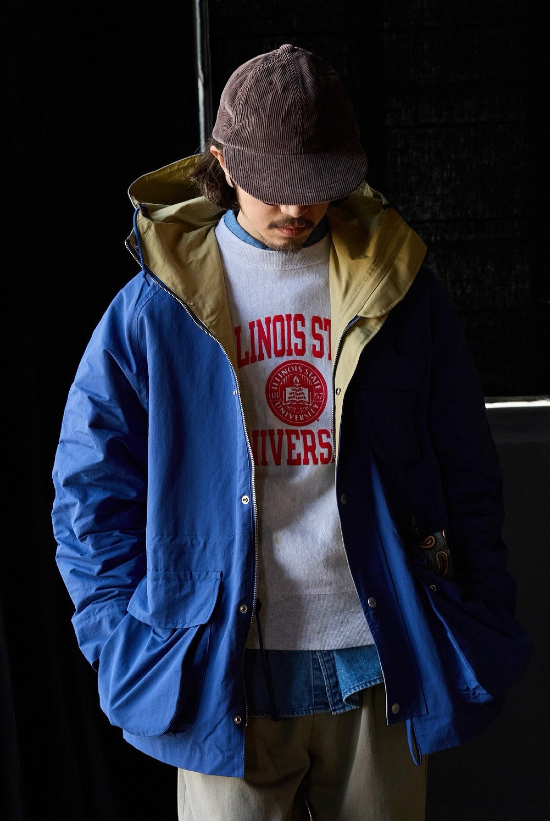 USAGE Cotton Nylon Hooded Mountain Parka in Blue - On Male Model