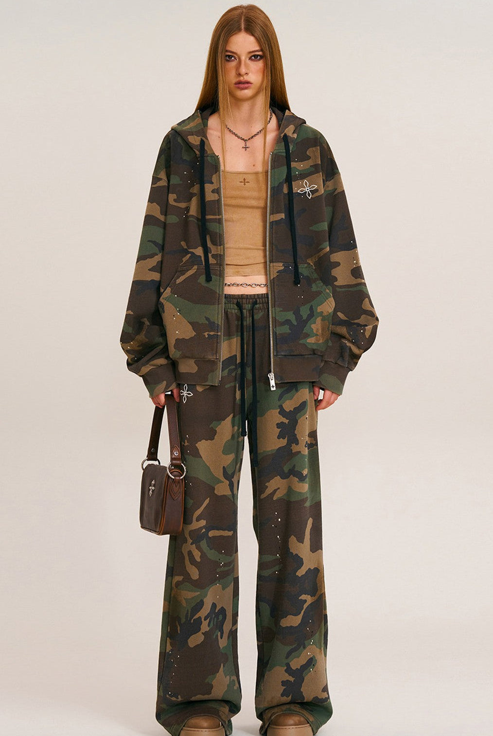 SMFK Cross Embroidered Cotton Zip Up Hoodie in Green - On Female Model