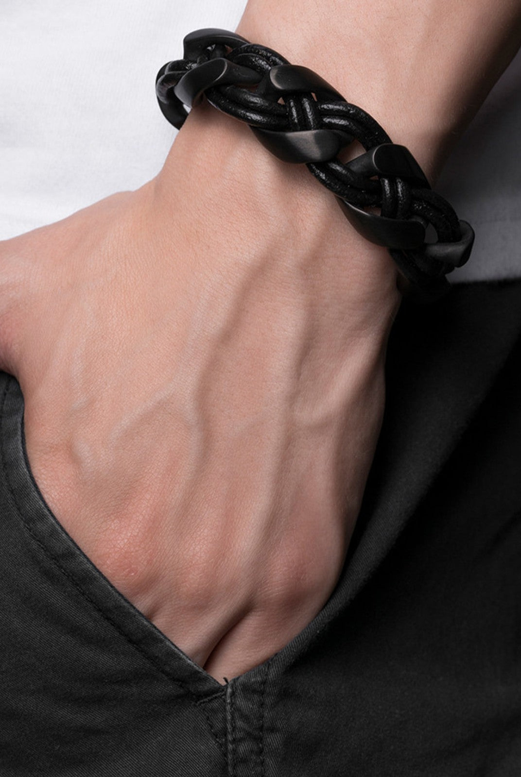 BLACKHEAD Braided Cowhide Steel Bracelet in Black - On Male Model