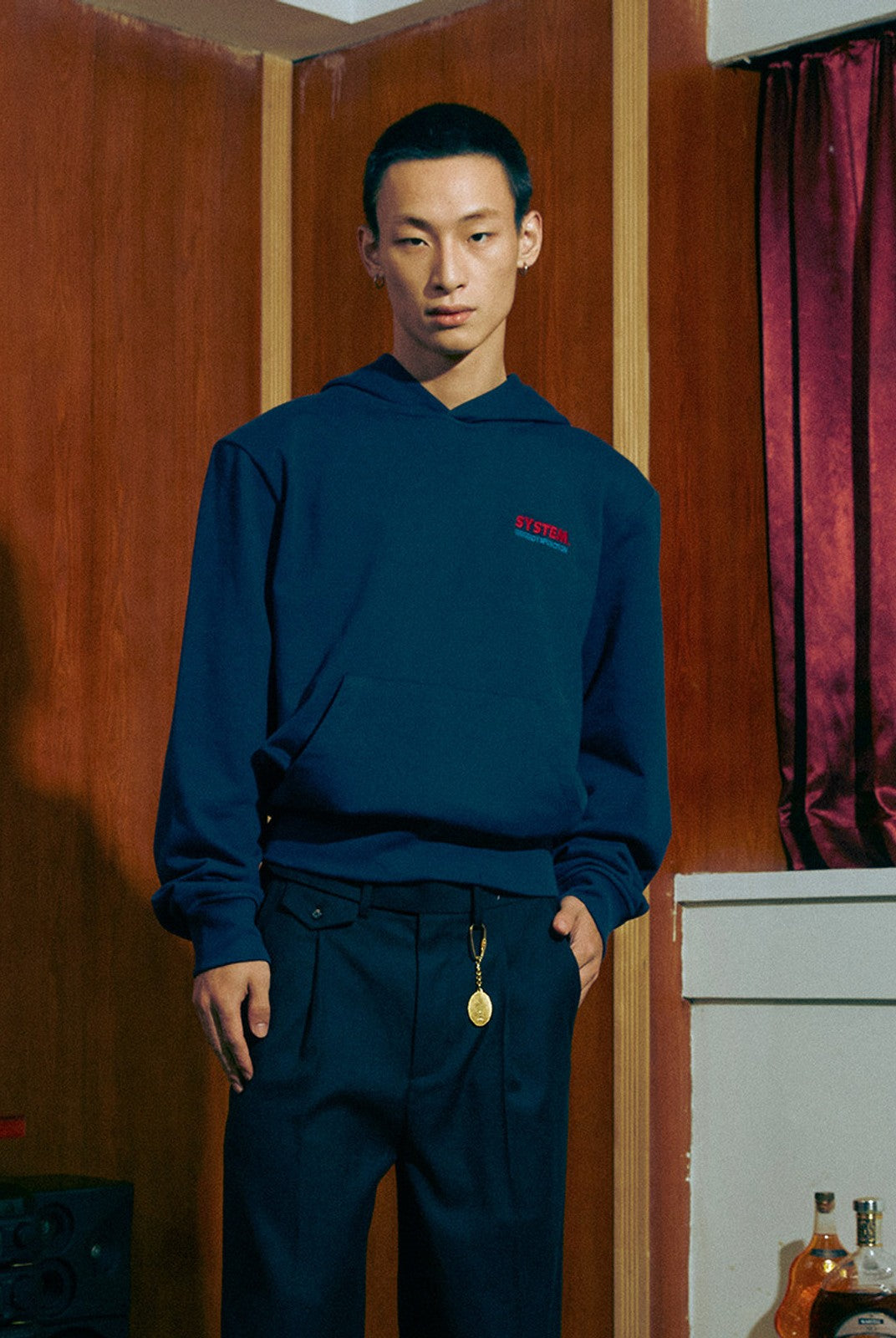 SOD Embroidered Padded Shoulder Hoodie in Blue - On Male Model