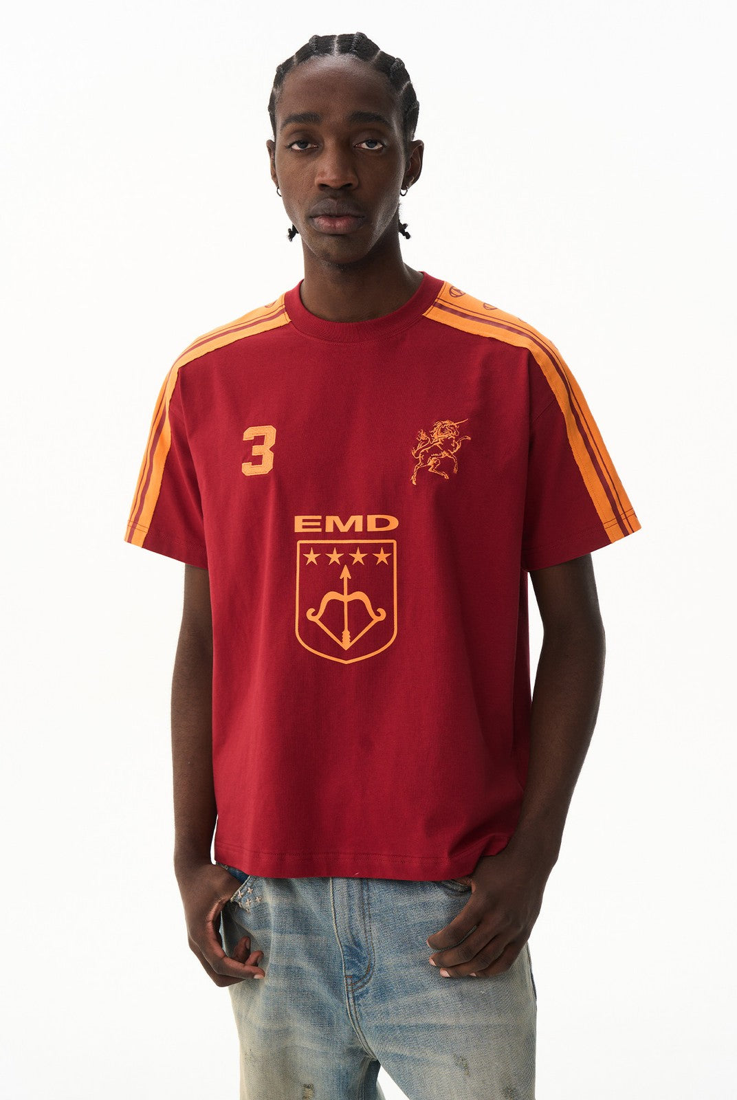BLINDNOPLAN Retro Color Block Graphic T Shirt in Red - On Male Model
