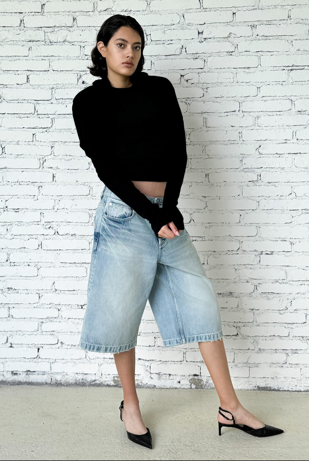 FaxCopyExpress Washed Gardener Denim Shorts in Blue - On Female Model