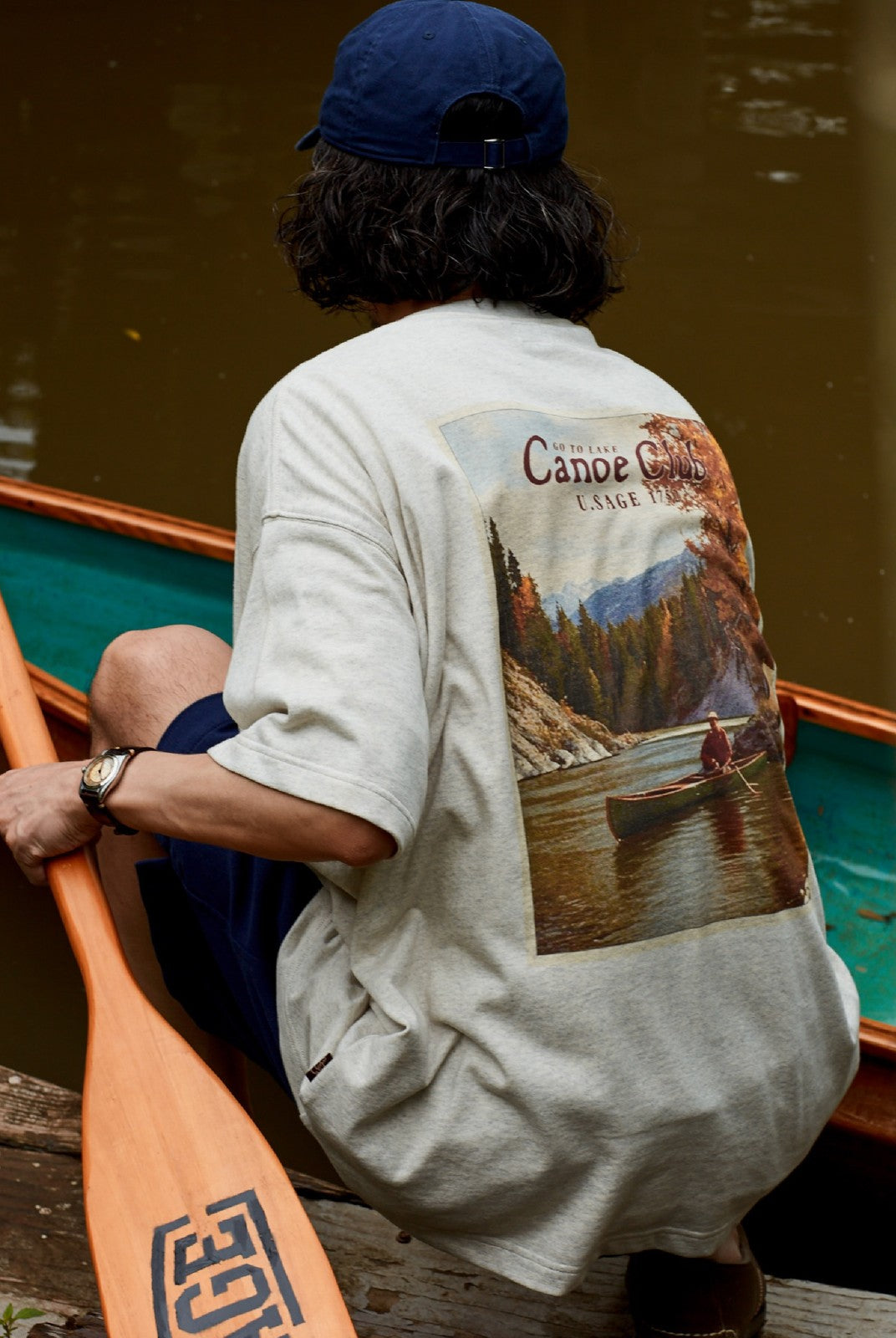 USAGE Canoe Club Graphic Cotton T Shirt in Beige - On Model
