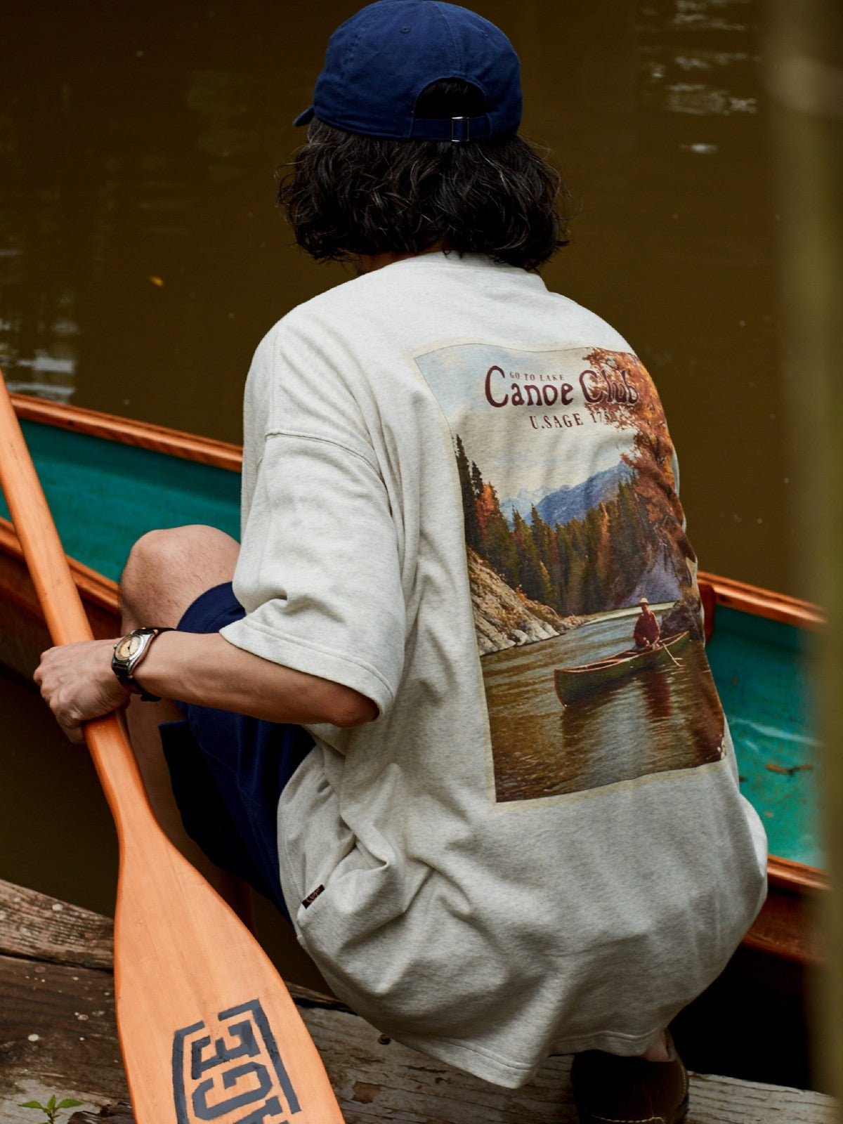 USAGE Canoe Club Graphic Cotton T Shirt in Beige - On Model