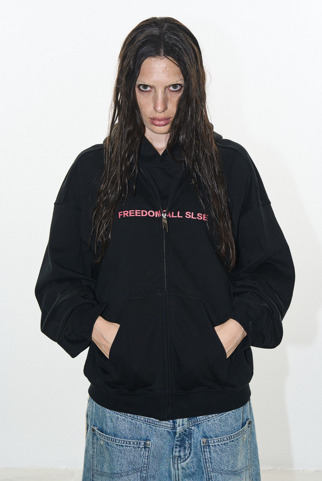 BLINDNOPLAN Faux Double Layer Paneled Hoodie in Black - On Female Model