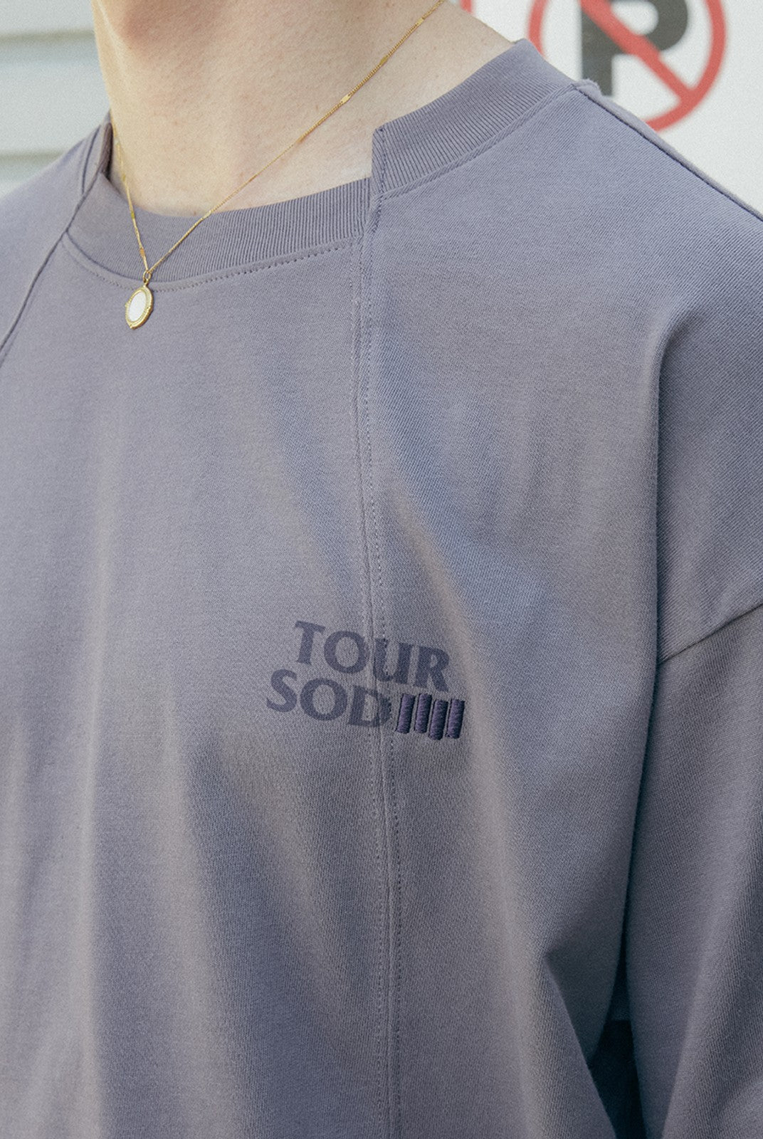 SOD Deconstructed Panel Cotton T Shirt in Purple - On Model